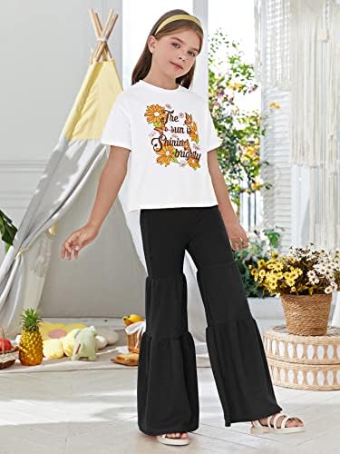 Комплект от 2 теми с Флорални принтом, тениски с къс ръкав и Расклешенных Панталони с Волани Хем за момичета WDIRARA