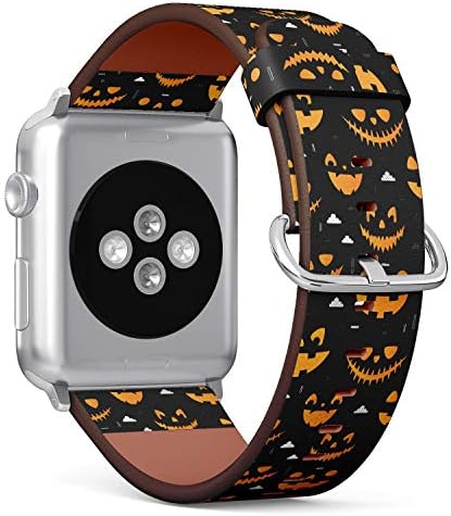 (Изрязани силуети лица в оранжеви тикви за Хелоуин на черен фон) Кожена гривна с модел за Apple Watch Серия 4/3/2/1 поколение, подмяна