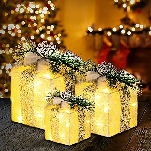 FUNPENY Комплект от 3 Коледни подаръци кутии с подсветка, Plug до 60 светодиодам, Топло Бяла Сърма, Подарък Кутия, Украса за Коледната