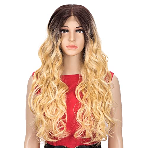 Благороден Blond Леки 360 Дантелени Предни Перуки за жени с дължина 28 инча, Вълнообразни светла перука Омбре, Свободна част, Бесклеевые