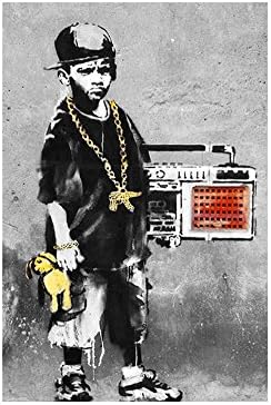 Alonline Art - Момче с танц мат от Banksy | Картина в рамка Biege, напечатанная отпечатъци от памук, най-до пенопластовой