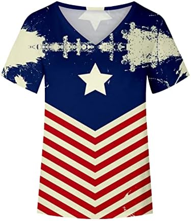 Горната Риза за Момичета Лято-Есен 2023, Памучен Блуза с Къс Ръкав Vneck, Американското Знаме, Звездите, Ежедневна Блуза