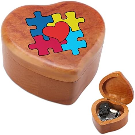 Информираността За Аутизма Сърцето Пъзел с Дървени Музикални Кутии Реколта Музикална Ковчег с Гравиран във формата на Сърце Подарък за Коледа,