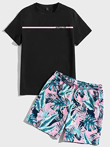 Мъжко облекло от две части, Мъжка тениска с писмото шарени и къси панталони с тропически принтом (Цвят: многоцветен, Размер: