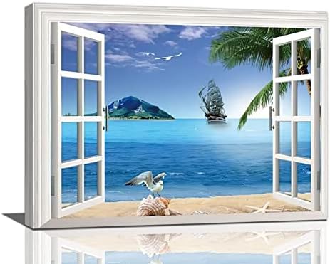 Прозорец Плаж Баня Стенно Изкуство Крайбрежната Палма Плажни Картини Sence Декор на Стените на Естествен Остров Платно Картина Печат на