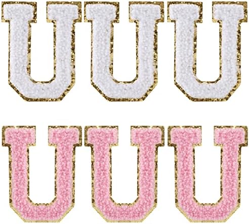 6 Опаковки Ивици от шенилна с надпис Iron On-Розово-бяла Нашивка с буквата U на 3.1 H с Азбука, Тъканно Нашивка за дрехи, Яке, Костюми, Униформи