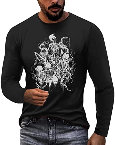 XXBR Тениски на Хелоуин за мъже, Мускулест Принт Скелет с Дълъг Ръкав, Забавен Графичен Кръг Силует, Тренировочная Дизайнерска