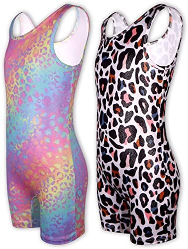 LUOUSE, 2 комплекта Блестящ Бански костюм с Къси панталонки за гимнастика за момичета, размери 4-11 Т