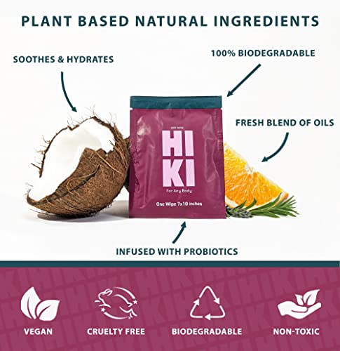 Кърпички за тяло HIKI All Natural - на растителна основа и биоразградими кърпички | 12 Салфетки в индивидуална опаковка | Естествен