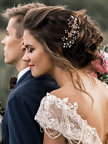 SWEETV скоба за гребен за коса от розово злато за младоженци - Сватбени аксесоари за коса с кристали за жени, момичета, булката