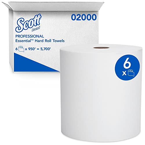 Хартиени кърпи Scott® Essential в твърдо ролка с голям капацитет (02000), с ядро 1,75 инча, Бели, 9500 инча / ролка, 6 ролки / Удобен калъф,