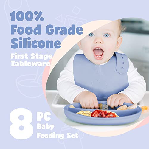 Детски силиконови набор от Juvitek, Определени за хранене, Комплект чинии и мисок за деца с детска лъжица, вилица, подложка и чаша, Идва