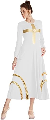MYRISAM жени слави кръст танц мантия на поклонение рокля звънец ръкав метален накъдрен лирична богослужебни отварям Praisewear