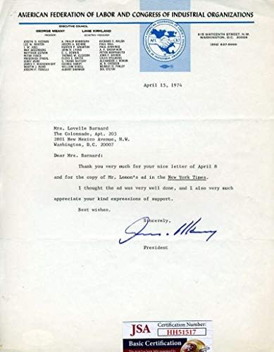 Джордж Мини Сертификат за JSA Собственоръчно Подписано Писмо 1974 г. с Автограф на президента на AFLCIO