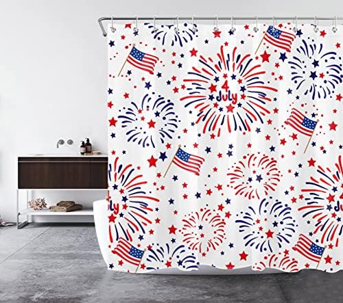 LB Завеса за душ, 4 юли, Американското Знаме, Фойерверки в чест на Деня на Независимостта, Завеси за Душ в Банята, Патриотични Звезди,