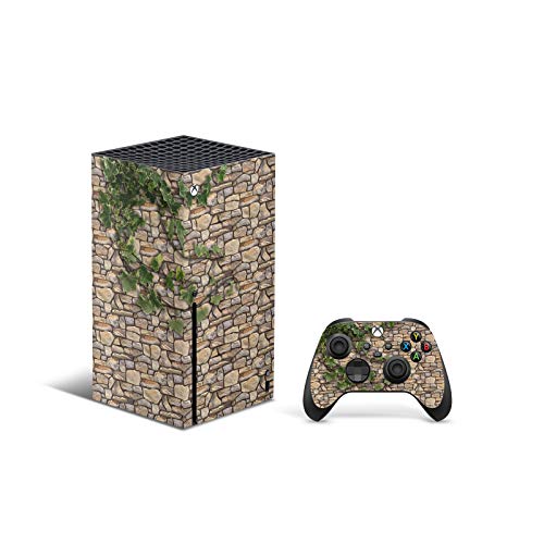 ZOOMHITSKINS, който е Съвместим за Xbox Series X Кожа, Корица Series X Skin, Тухлена Каменна стена, Сиво-кафяви листа на дърветата, Издръжлив