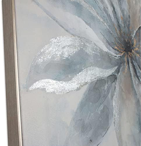 Блестящ Цвете, Ръчно Рисувани, Платно в Сребърна рамка 60 x 40, със Сини, Сребърни и Бели Цветя, Абстрактно Произведение