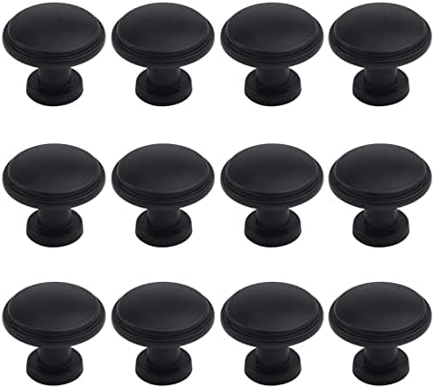 Кръгли дръжки за чекмеджета на шкафа Antrader с диаметър 1 инч, с Крепежни винтове, Плоски Черни, 12 броя в опаковка
