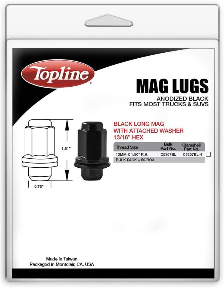 Topline Products C5307BL-4P | Дълги магнитни накрайници от анодиран черен метал с прикрепена шайба | Размер на резби 12x1,50