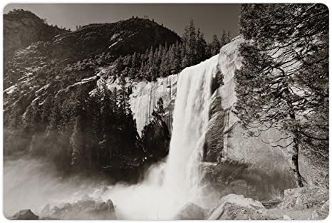 Подложка за домашни любимци Ambesonne Yosemite за храна и вода, Водопади в националния парк Йосемити в Калифорния, Черно-бели Разпечатки