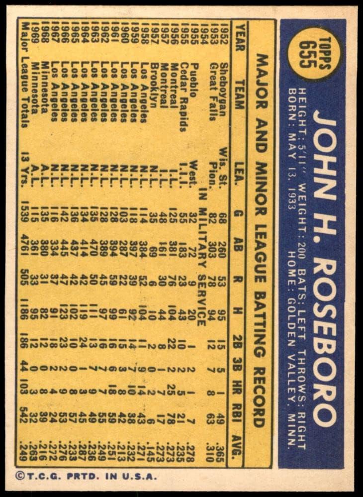 1970 Topps 655 Джон Розборо Вашингтон Сенатърс (Бейзболна картичка) NM / MT + Сенатърс