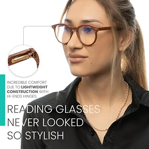 Дървени кафяви кръгли очила синьо за мъжете и жените, за да изглежда модерно, с ясно зрение - Силни очила за четене, за жени