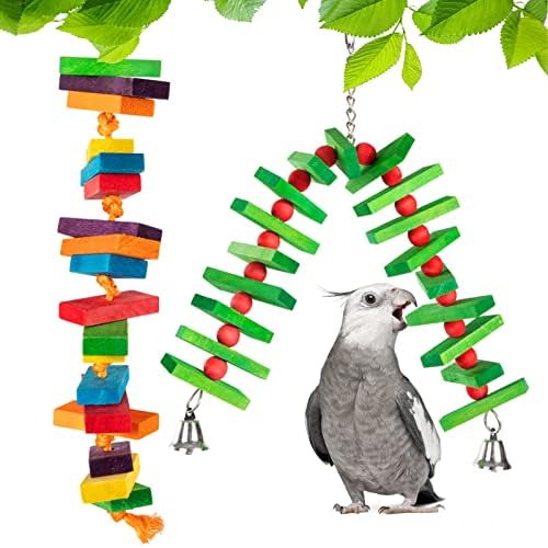 MEWTOGO 2 бр. Играчки за птици - Зелена Гъвкава играчка за Папагали и Цветни Натурални Дървени Блокове, Играчка за Дъвчене
