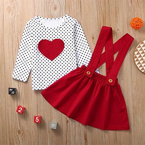 MODNTOGA/ Комплект дрехи за Свети Валентин за малки момичета, Риза на точки с дълъг ръкав и Сърца, Топ + Каишка за подтяжках,