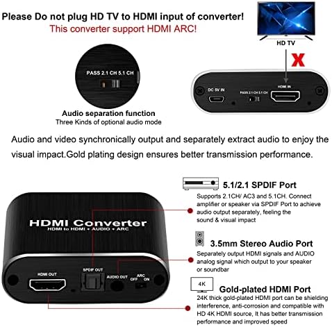avedio включва и аудио Екстрактор HDMI 4K @ 60Hz, HDMI към HDMI + Optical Toslink SPDIF + 3.5 мм AUX Стерео аудио изход, HDMI Аудио Конвертор