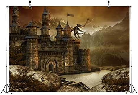 Плат BELECO 9x6 фута, на Фона на Приказен Замък, на Сцената с Гигантски Дракон, Средновековна Архитектура, Пейзаж, Планинско езеро,
