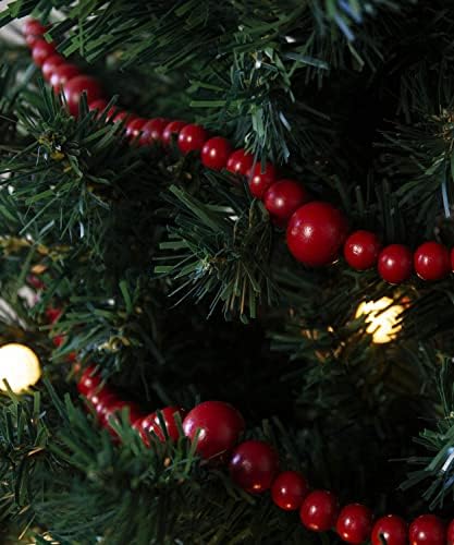 One Holiday Way 9-Подножието на Селски Тъмно-Червена Гирлянда от дървени Мъниста с Различни Размери, Украса за Коледно - Декоративни Дървени