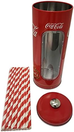 Твърд титуляр за соломинок от coca-cola, The Tin Box Company с 20 хартиени соломинками Вътре, 3-3 / 8 x 8-1/ 4 H, червено-бяло (771517-12)