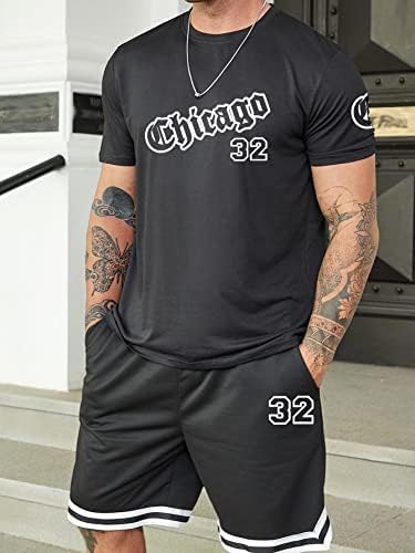 Мъжко облекло от две части NIBHZ, Мъжка тениска с писмото шарени и къси панталони на райета (Цвят: черен Размер: 3X-Large)
