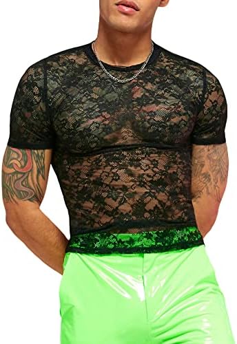 WDIRARA/ Мъжки Тениски в рибарска мрежа от Изкуствена кожа с кръгло деколте и Къс Ръкав, Тениска Укороченная