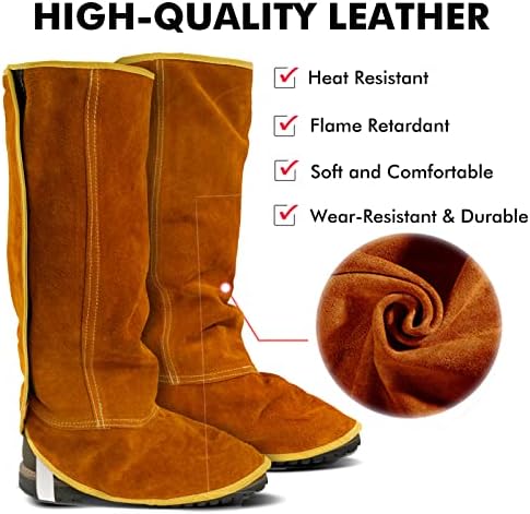 Дълги заваръчни гамаши от естествена кожа QeeLink - Топлоустойчиви и износоустойчивост бахилы за заваръчни работи - Защита на обувки с пълно
