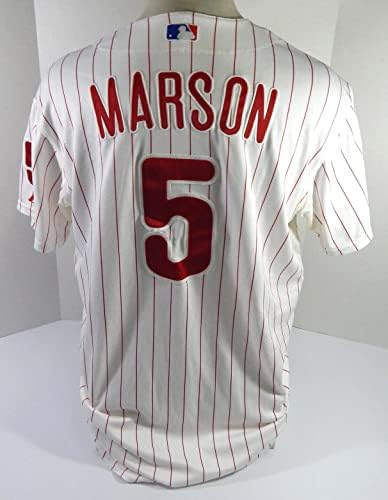 2008 Филаделфия Филис Лу Марсон 5 Излиза в играта Бяла риза 48 DP43133 - Използваните в играта тениски MLB