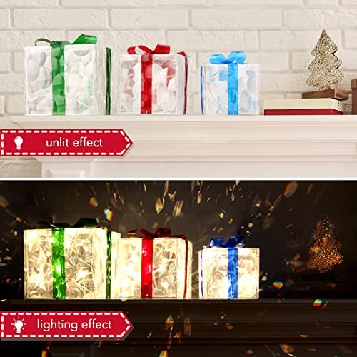 Opawel Коледна Украса, Подаръци Кутии с осветление, Комплект от 3, 60 Прозрачни Подарък Кутии с led Осветление, Украса за Коледната