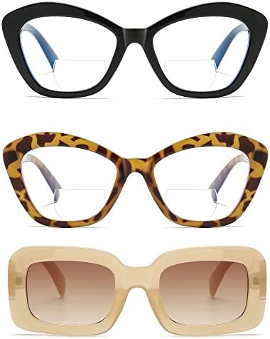 Дамски Бифокални Очила за четене LKEYE, Дизайнерски рамки Котешко око Оверсайз, 2 опаковки, 1,75 + Бежово Правоъгълни Слънчеви