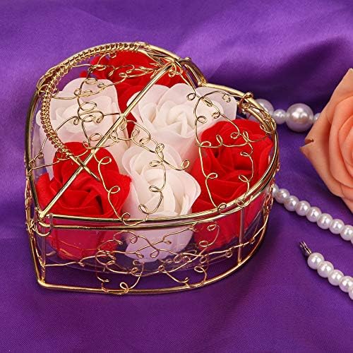 VECDUO Позлатен Желязна Кошница с 6 Сапун RosesHeart Ароматизирани Сапуни За Тяло Роза Венчелистче Цвете Сапун Сватбена Украса