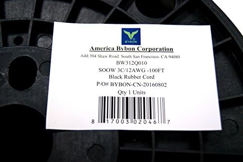 Гъвкав преносим Кабел BYBON 100 метра 12/3 SOOW от каучук повишена здравина, 600, е в списъка на UL, Без пълнители, черен
