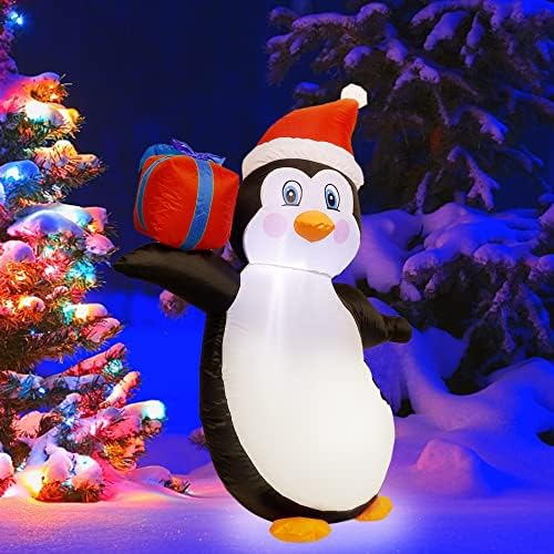 Prsildan 4 Подножието Коледен Надуваем Пингвин, Вградени led Светлини, Надуваем Пингвин с Подарък кутия и Коледна Шапка,