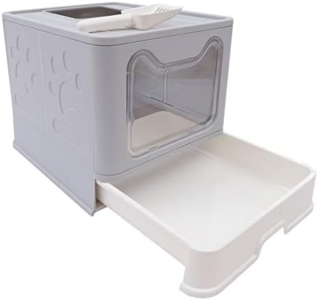 Голяма Сгъваема Кутия за котешки тоалетни, с чекмедже, предния вход и горния изход с капак, Защита от пръски, Аксесоари за котки с пластмасова