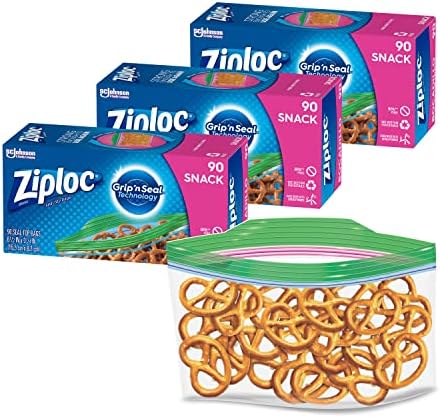 Пакети за закуски Ziploc за свежест в пътя, технология Grip 'n Seal, за да се улесни захващане, отваряне и затваряне, 90 броя, Опаковка