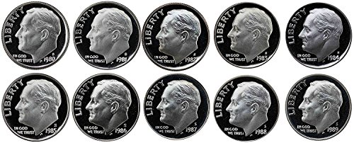 1980 S 1981 1982 1983 1984 1985 1986 1987 1988 1989 Десятицентовики Рузвелт - 10 монети - Пълно десетилетие - Всички монети,