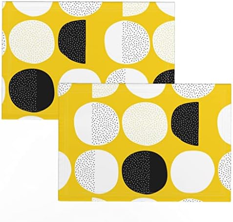 Кърпички от ленено Futon Платна (комплект от 2 броя) - Тъканни Кърпички Scandi в Ретро стил с Геометрични Жълти и Черни кръгове