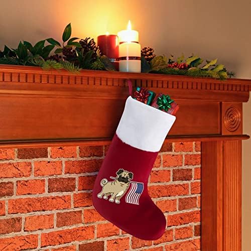 Мопс Американски Флаг Коледен Окачен Отглеждане на Сладък Дядо Чорап за Коледно Декориране на Подаръци