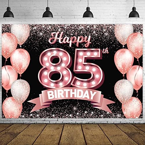 От 85-ти Рожден Ден, Банер от Розово злато, Фон, Приветства 85-ти рожден ден, Балони с Конфети, Тематичен Декор, Украса за жените