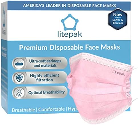Litepak 125-Опаковки за Еднократна употреба Маска за лице Premium, Comfort Earloops с Кутия-дозатор (Розов)