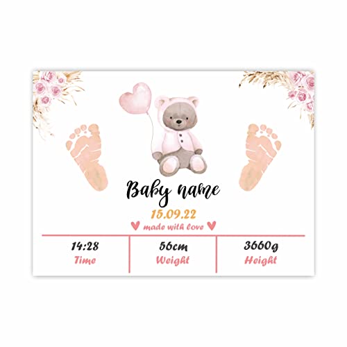 Свидетелство за раждане в болницата | Плоча с обявяването на раждането на детето в стил бохо с розов Мечок 8 x 11 в цветния