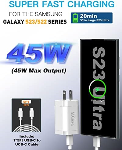 AICase 45 W Сверхбыстрое стенно зарядно устройство USB-C, Samsung Galaxy S22 Ultra, 45 W Зарядно устройство с двойно зарядно блок